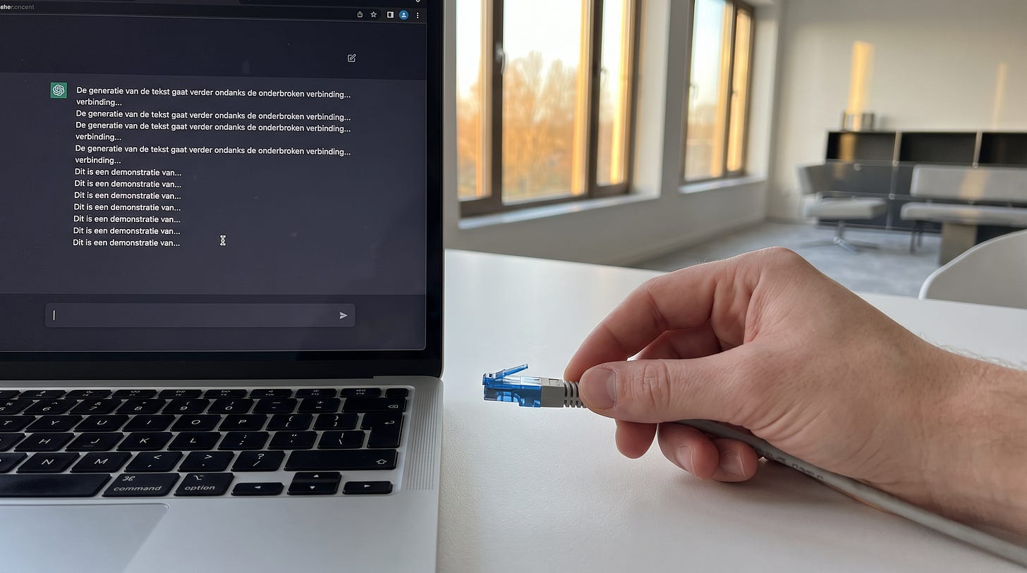 Een hand trekt de netwerkkabel uit een laptop terwijl op het scherm een antwoord gewoon doorloopt Een hand trekt de netwerkkabel uit een laptop terwijl op het scherm een antwoord gewoon doorloopt