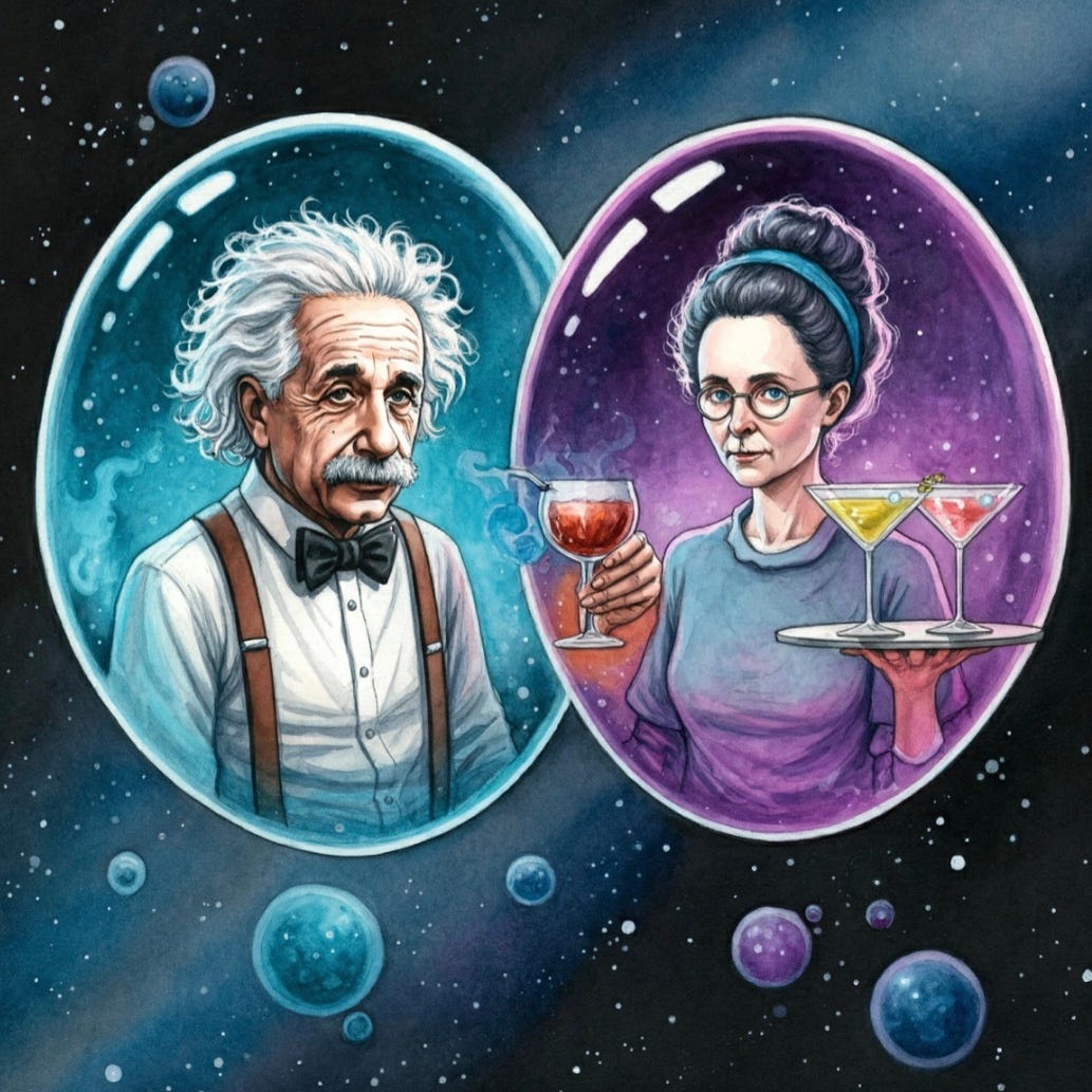 Fictional Aubert Einstein and Marie in a time travel speakeasy