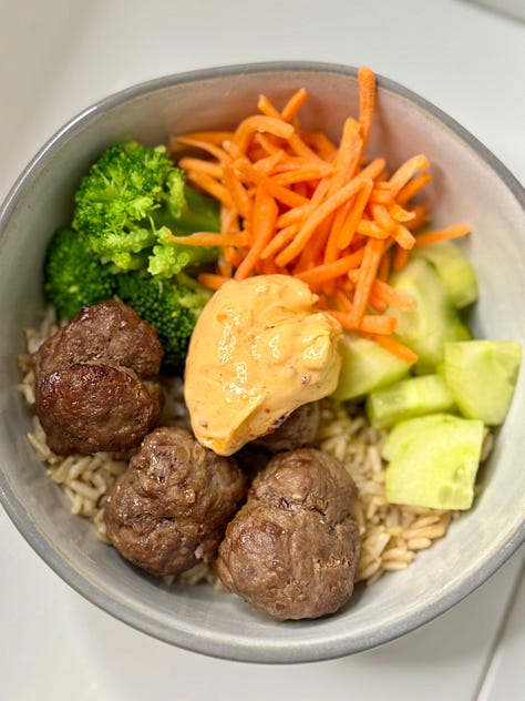 spaghetti squash, chocolate smoothie, beef bulgogi meatball bowl