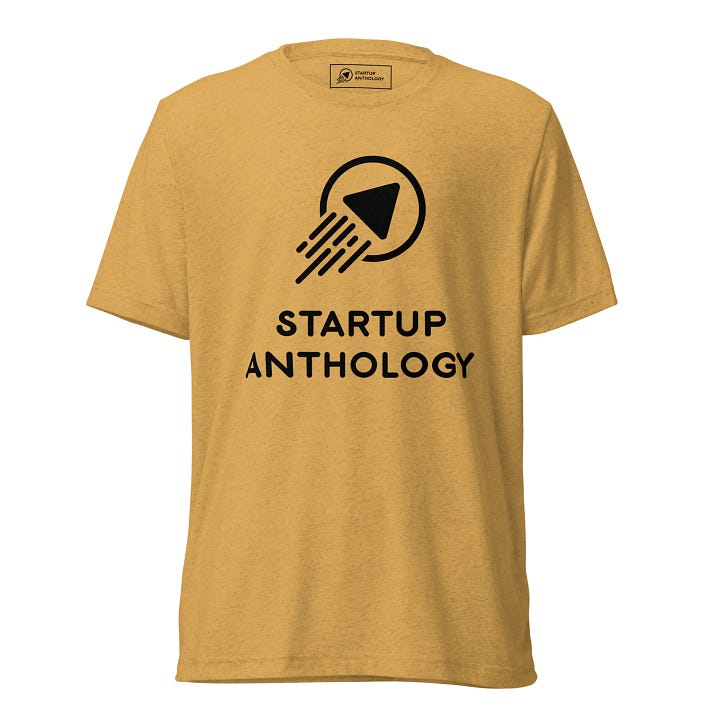 Startup Anthology black hoodie, grey trucker hat, mustard yellow t-shirt and stickers startup apparel, entrepreneur merchandise, startup culture clothing, tech startup accessories