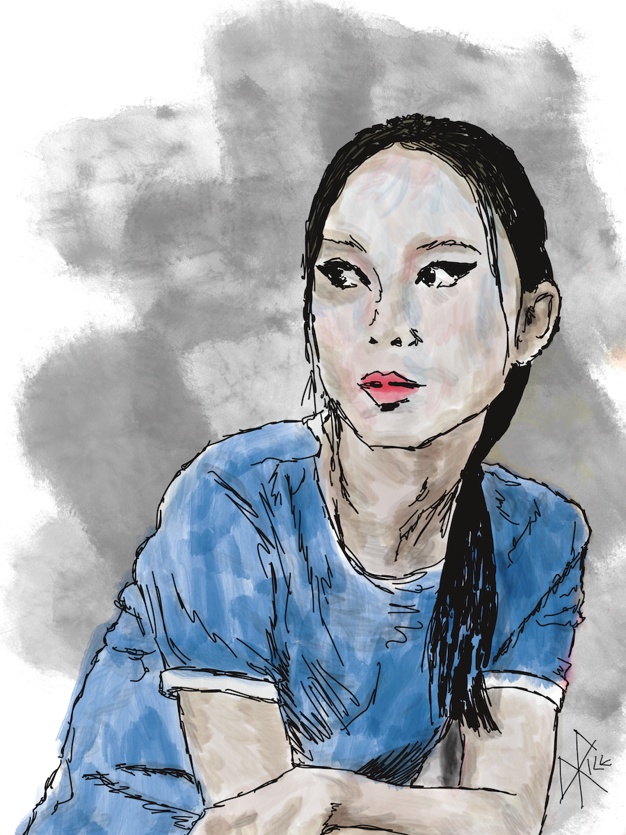 Seated on a bench while taking a break from exercising, a young woman in a blue t-shirt and hair in a ponytail looks around the room. Sketch art by Don Rice.