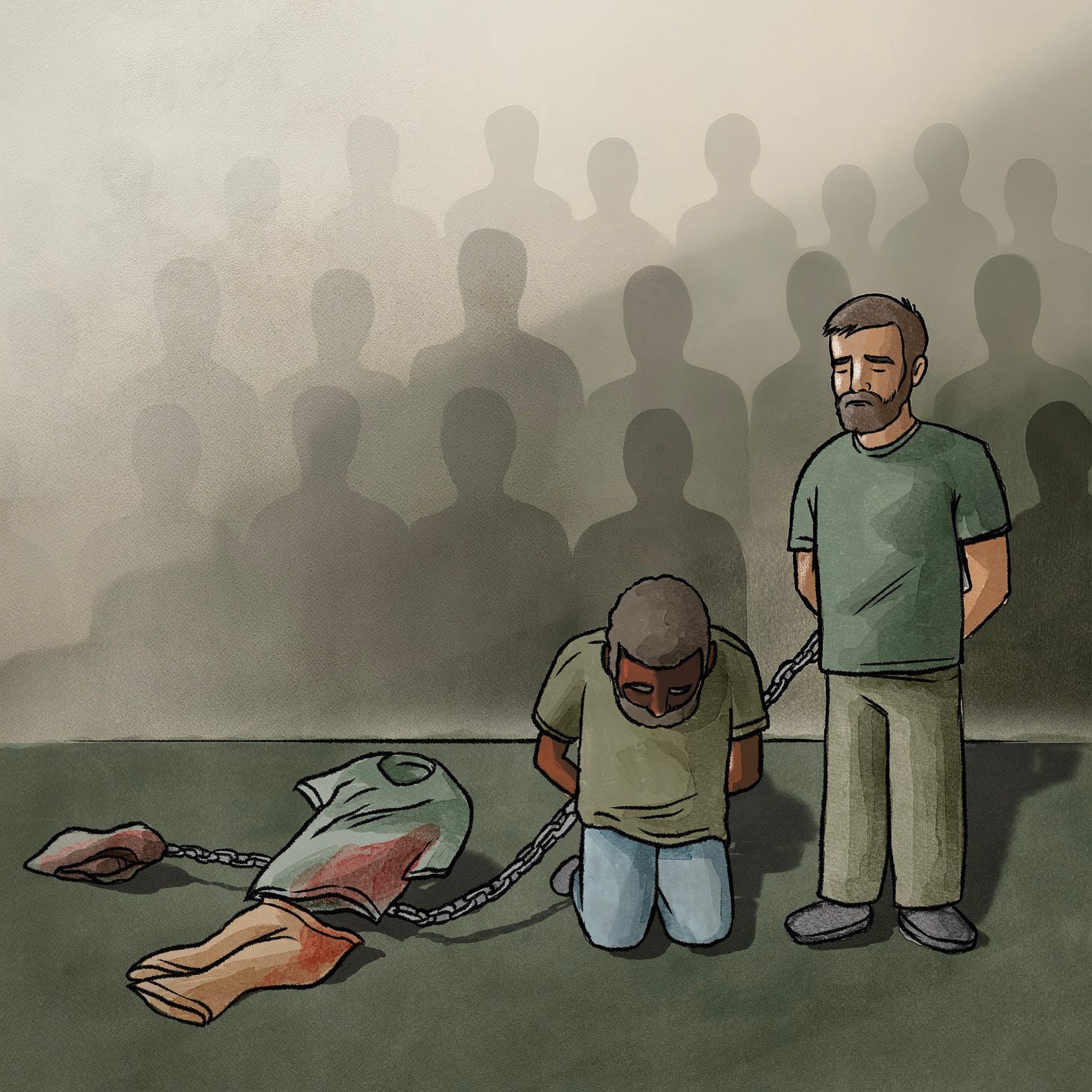Cover art for Amnesty International Report on Saudi Arabia and the death penalty. Shows two prisoners bound by a chain and the bloodied clothes of a missing prisoner