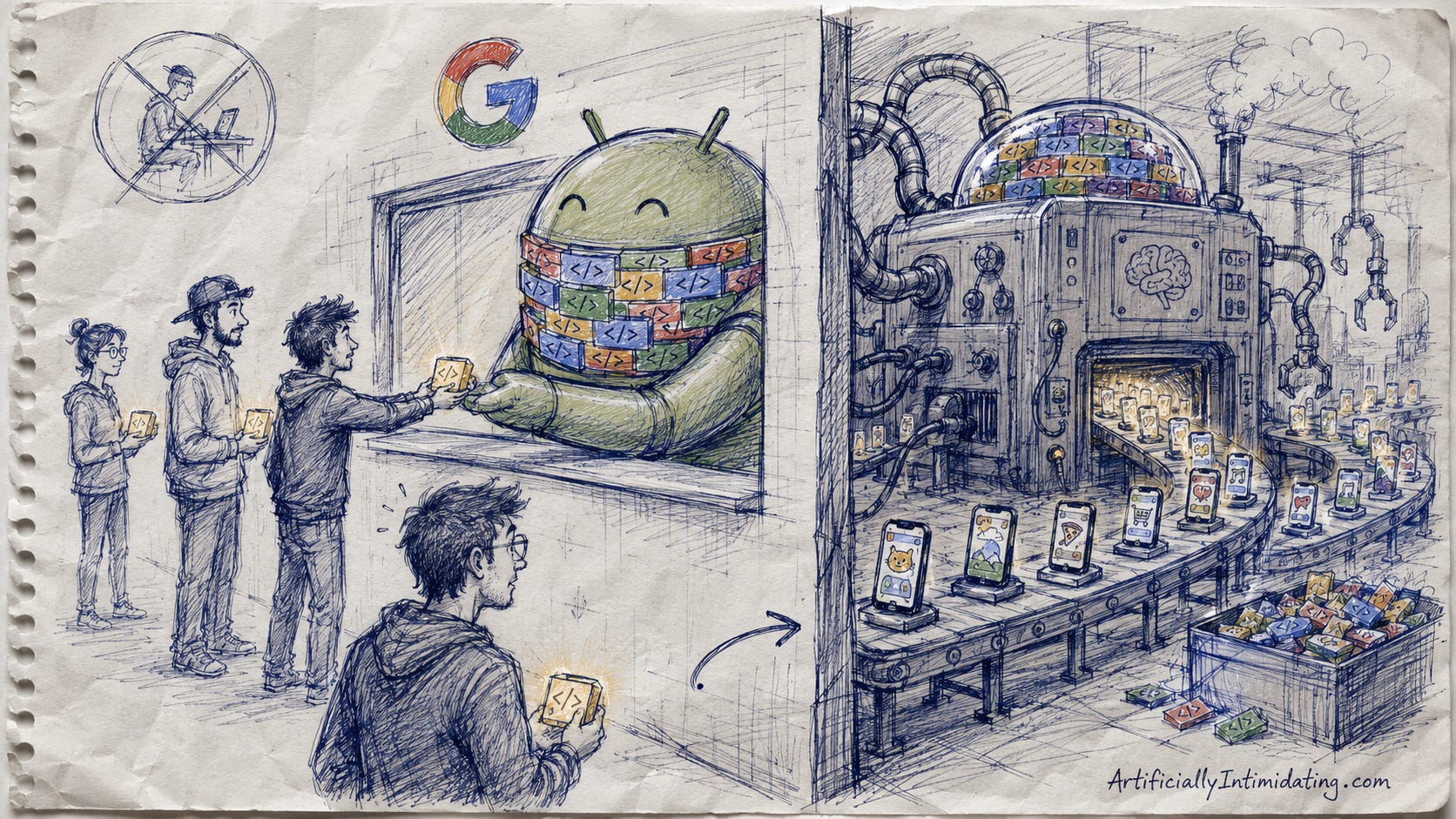 Hand-drawn editorial cartoon on wrinkled notebook paper showing a giant Google-colored Android robot secretly buying glowing code blocks from a line of Android developers through a friendly service window. Behind the wall, the same code blocks feed into a large AI app-building machine that spits out finished mobile apps on a conveyor belt, while one developer realizes their work is powering the machine meant to replace them.