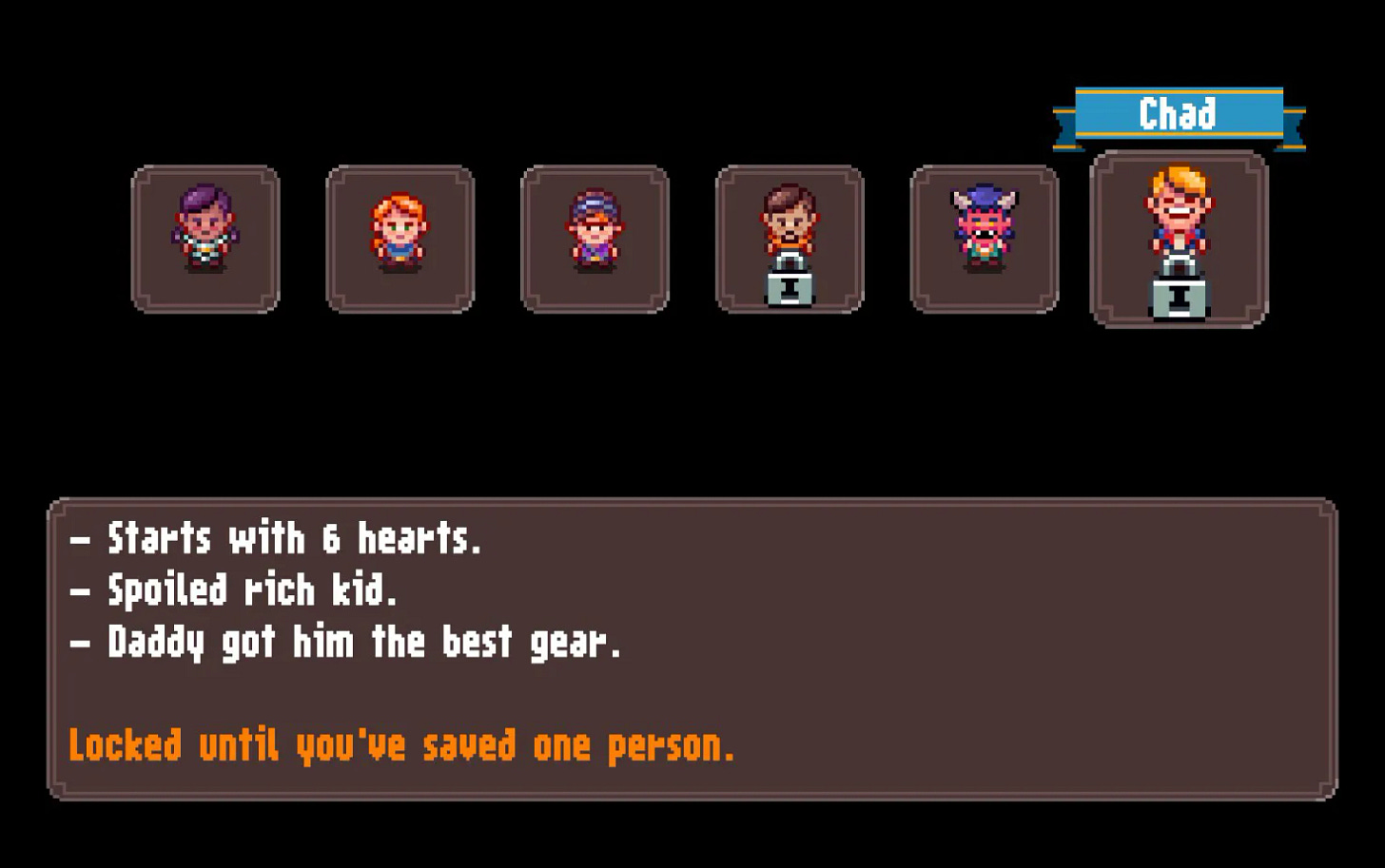 Character selection screen showing a Guybrush lookalike called Chad.