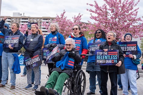 The photos show community members at a "Stop the Relentless Power Grab PA" rally