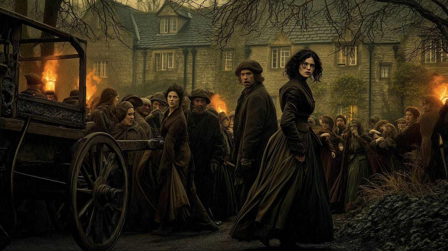 A tense crowd gathers in a rain-soaked village square as two women and a man stand near a wooden wagon, all looking toward the viewer with apprehension. Torches flare in the background, casting warm light against the cold, muted tones of the street and stone buildings.