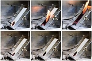 Time series of 45° incline flame test of non-woven fabrics from the MAGIC recombinant inbred lines (RILs) with the inferior heat release capacities (HRC) and the most superior HRC. Each image is 5 seconds apart. Top series is fabric made from RIL-225, which like all untreated textiles produced from conventional cultivated white cottons, was fully consumed by flame in approximately 15 seconds. Bottom series is RIL-385, which self-extinguished.