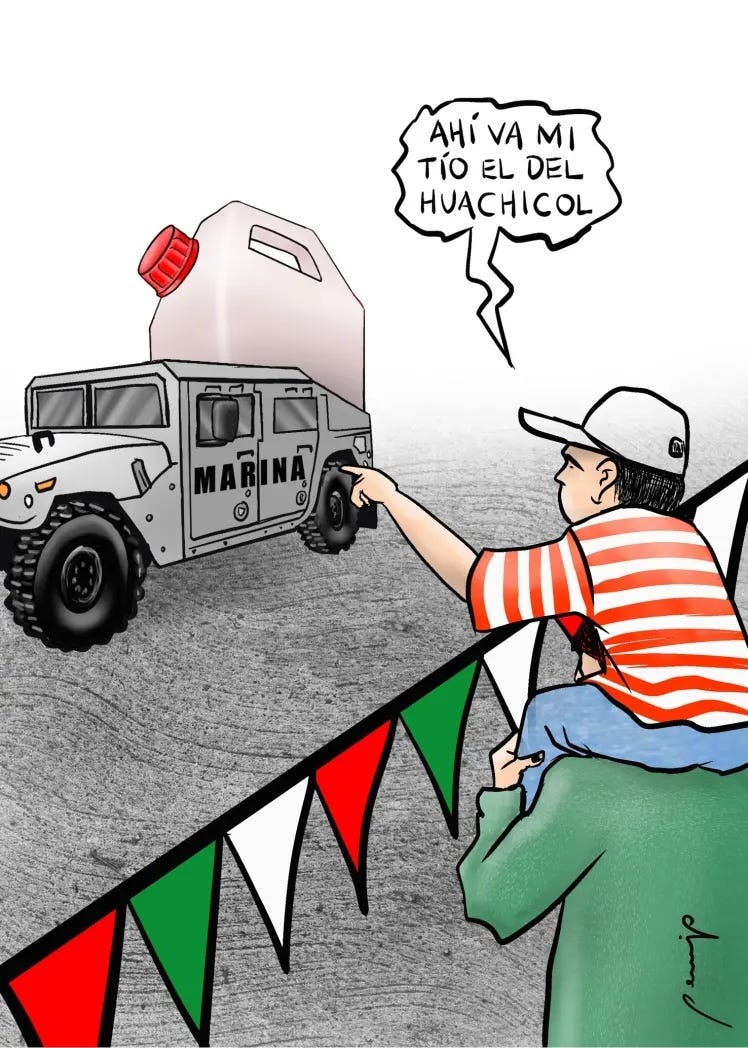 Cartón de Perujo en El Economista, satirizando la vinculación de funcionarios de la Secretaría de Marina con el crimen del robo de combustible, conocido como huachicol. Cartón de Perujo en El Economista, satirizando la vinculación de funcionarios de la Secretaría de Marina con el crimen del robo de combustible, conocido como huachicol.