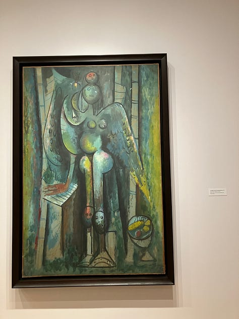 three abstract paintings with elongated figures and foliage, one in shades of brown and pink, one in green and blue, and one with pale animal figures against a black background.