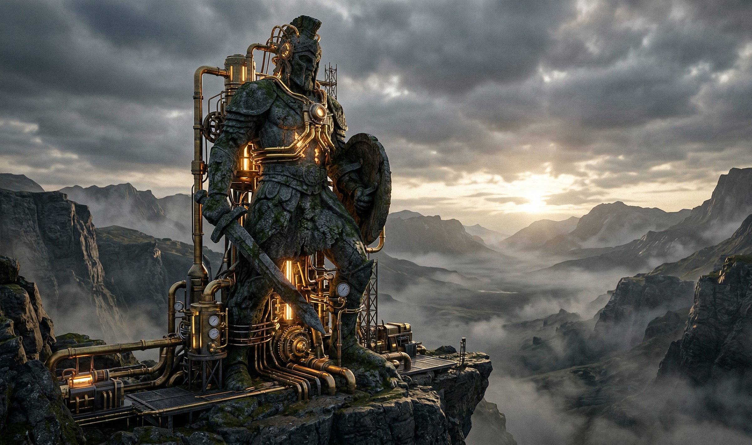 A crumbling stone colossus of a warrior on a mountain cliff, held upright by industrial brass pipes draining its internal light, overlooking a misty valley at dusk