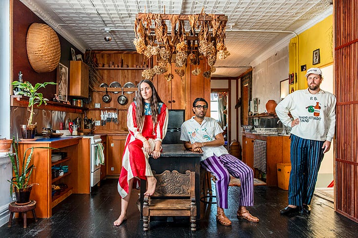 Emily Adams Bode and Aaron Aujla at home in Manhattan with Benjamin Bloomstein, Aaron's partner at the design studio and furniture company Green River Project.