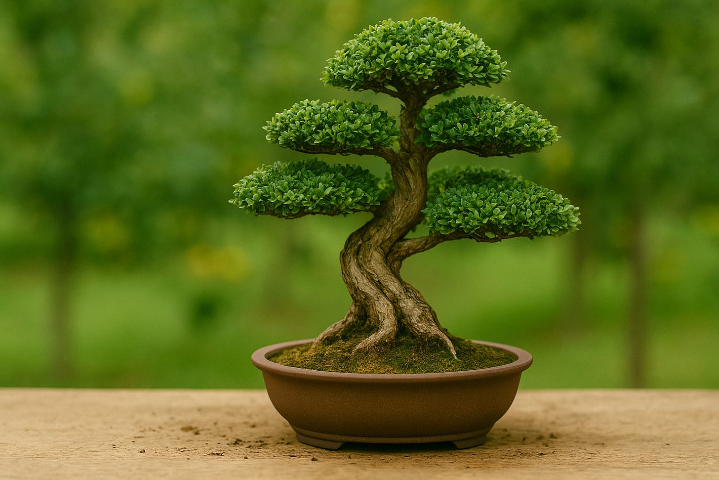 A perfectly pruned bonsai tree with layered foliage in a small ceramic pot.