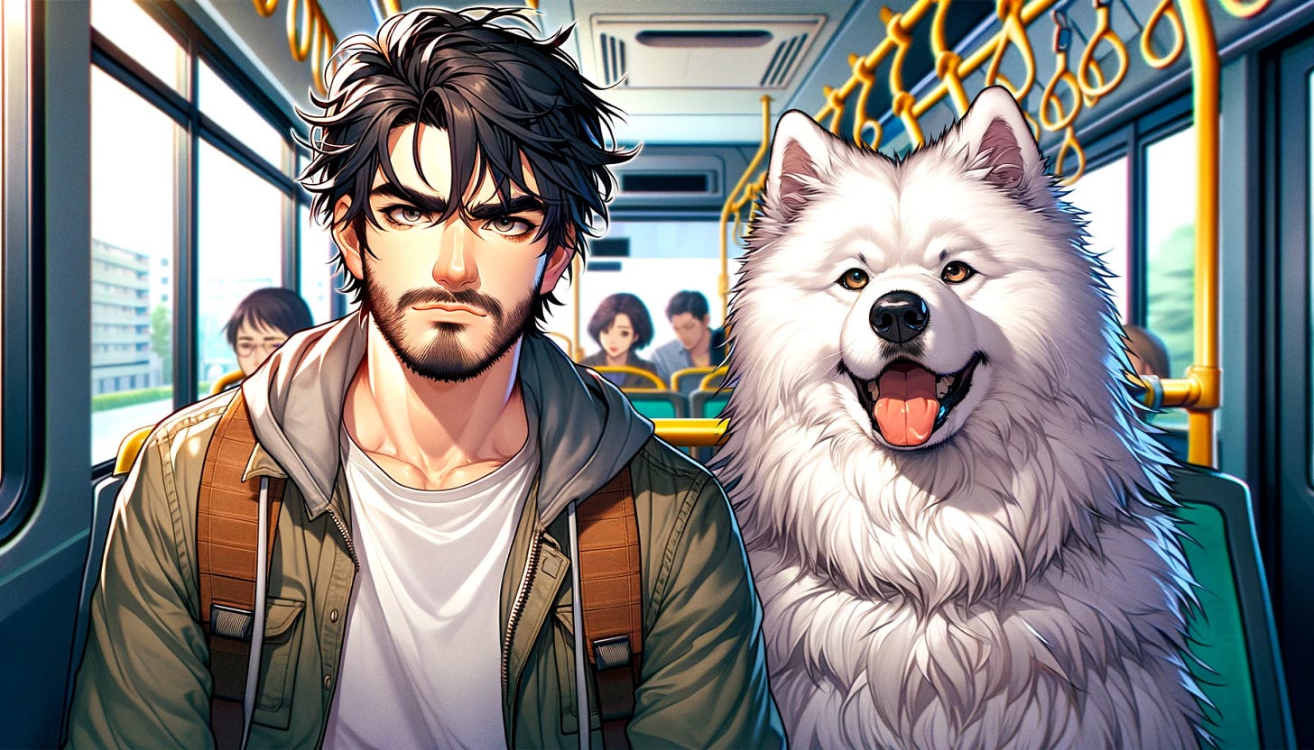 A young man with dark hair and a beard, now looking mean and wearing casual clothes, and a Samoyed dog with a similarly fierce expression, are sitting on a bus. The man has a rugged, adventurous appearance and the dog looks determined. The background shows the interior of a bus with other passengers, seats, and windows. The style should be more anime-like with exaggerated features, vibrant colors, and a distinct, clean anime aesthetic.