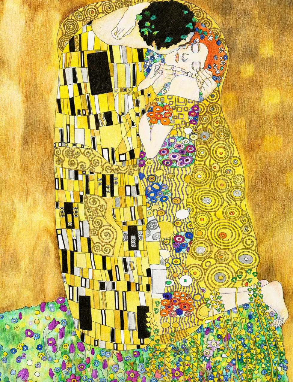 the kiss, by gustav klimit. gold artwork, man kisses woman