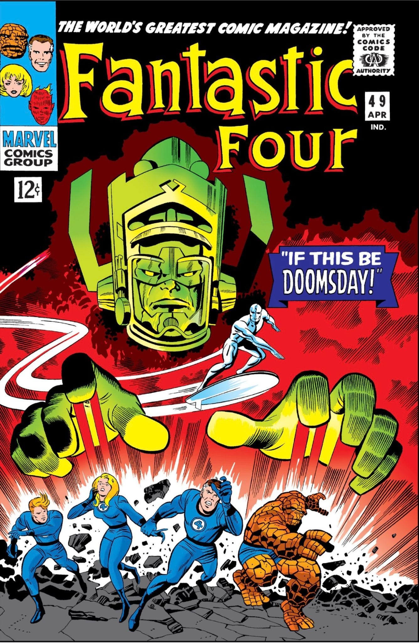 Cover of Fantastic Four #49, featuring Galactus towering over the Fantastic Four as the Silver Surfer flies past, with the cover title "If This Be Doomsday!"