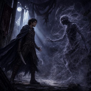 Mortal Greegan in a ruined Argynvostholt chamber, moonlight cutting through dust and torn banners. Greegan: lean, wiry, storm‑gray eyes, tousled dark hair, pale olive skin, rogue’s leathers in charcoal and black, gray‑black cloak stirring in wind, blade lowered in refusal. Before him, the Invisible Stalker version: a humanoid silhouette of wind and shadow, silver‑glowing hollow eyes, light rippling through its form. Mist recoils as Greegan steps forward, choosing presence over disappearance. Fully original faces.