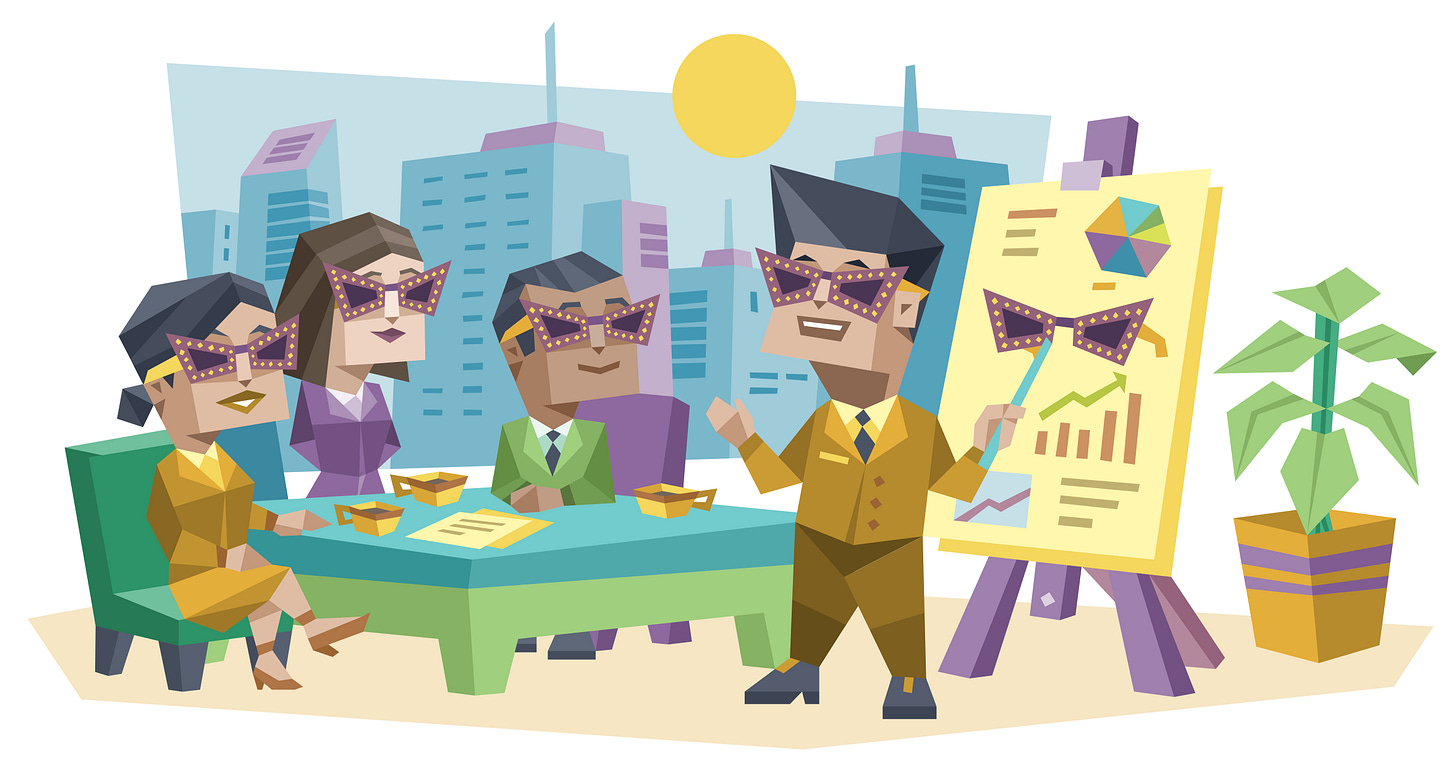 Four coworkers in an office meeting wear matching butterfly-shaped glasses while one presents a chart showing upward growth and the others sit around a table listening.
