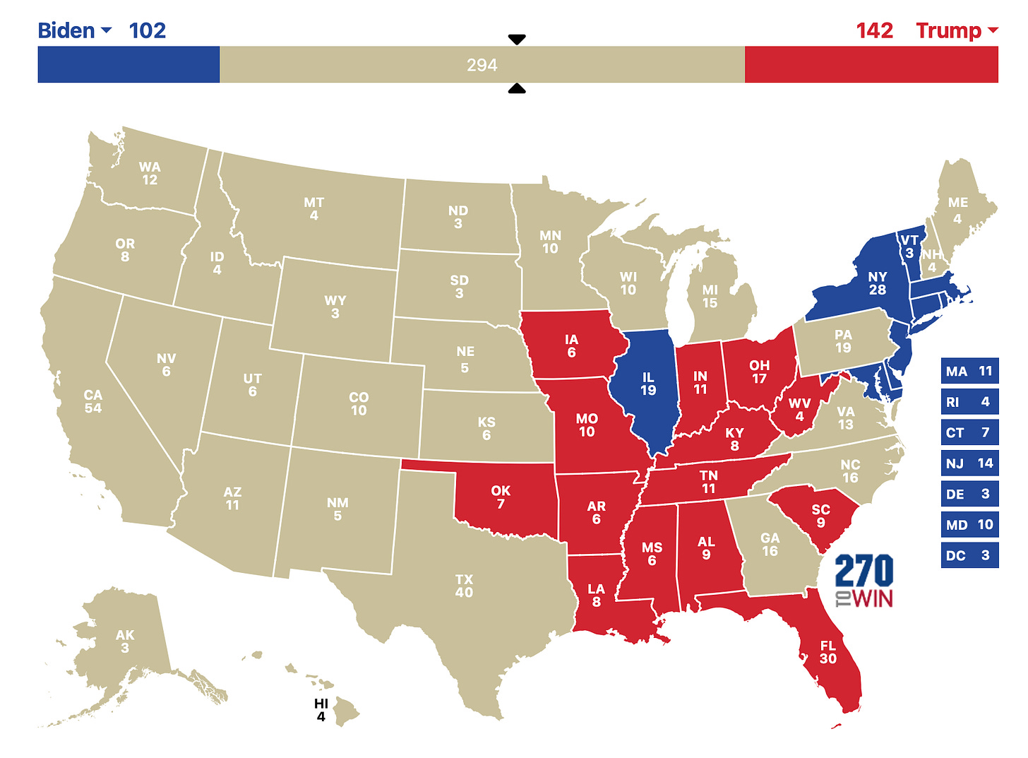A map of the united states with red and blue states

Description automatically generated