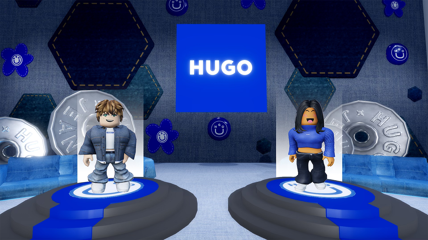 Two Roblox avatars in the Hugo Fashion Match experience
