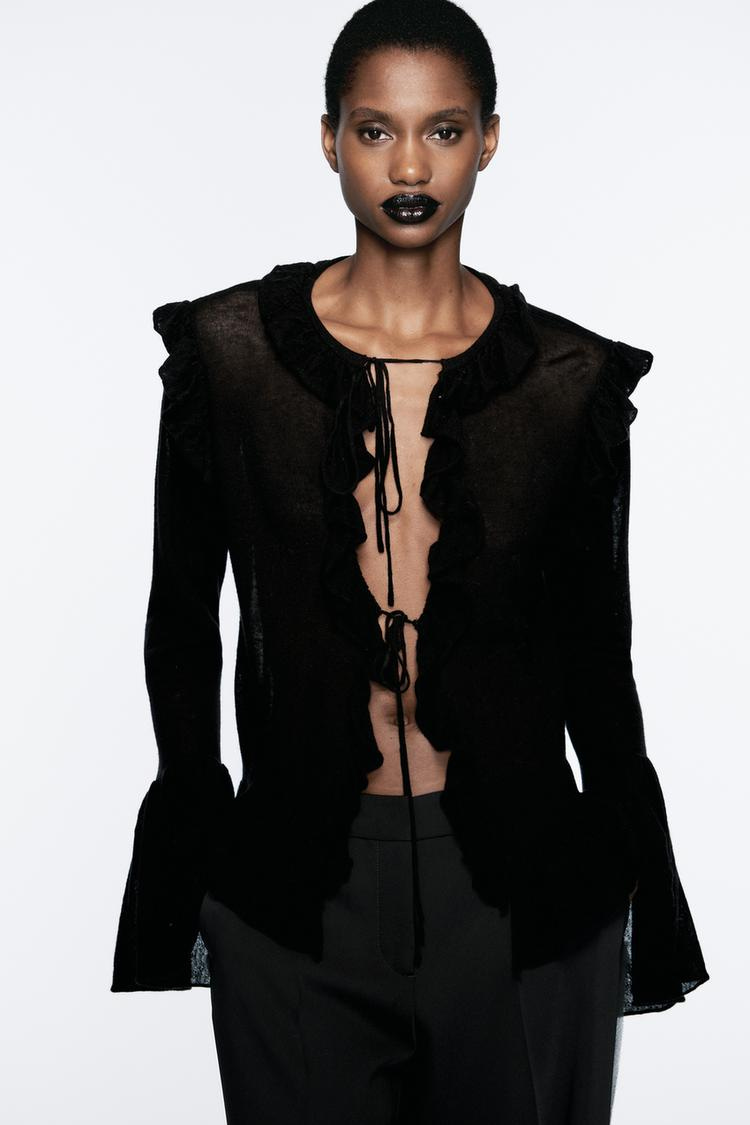 Zara 100% WOOL RUFFLED JACKET - Black - Image 1
