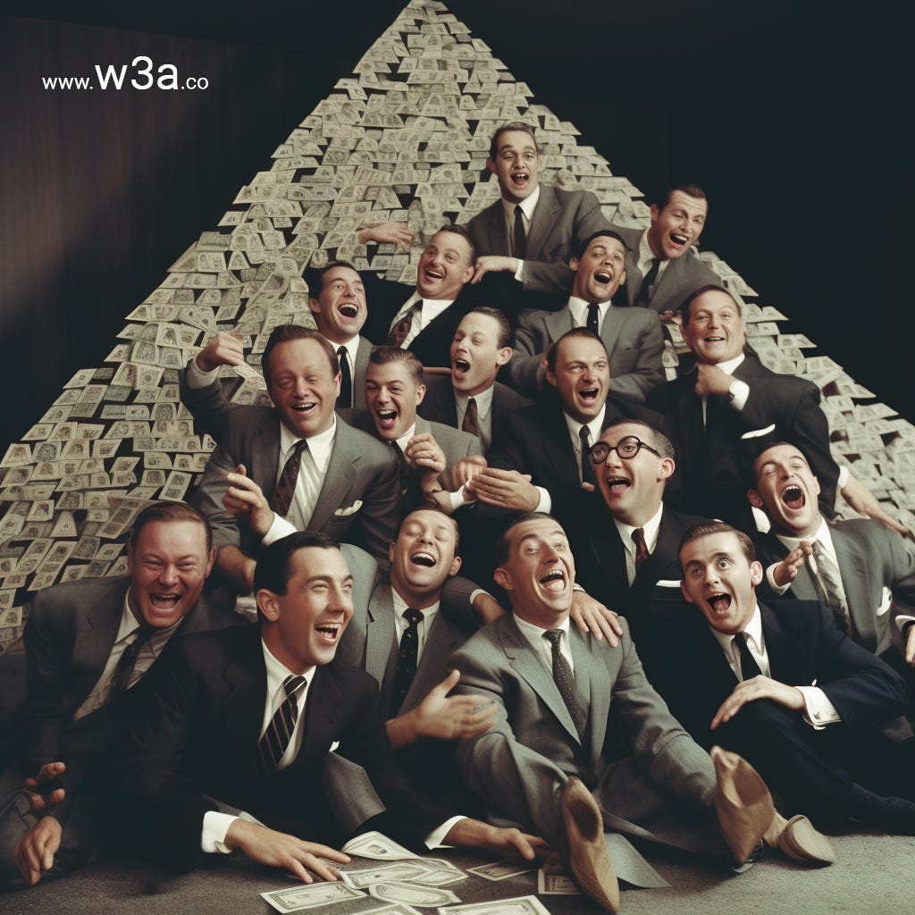 Web 3 Ambassadors: 1% vs 99% wealth gap - men in suits at the tip of a pyramid laughing maniacally with tons of money