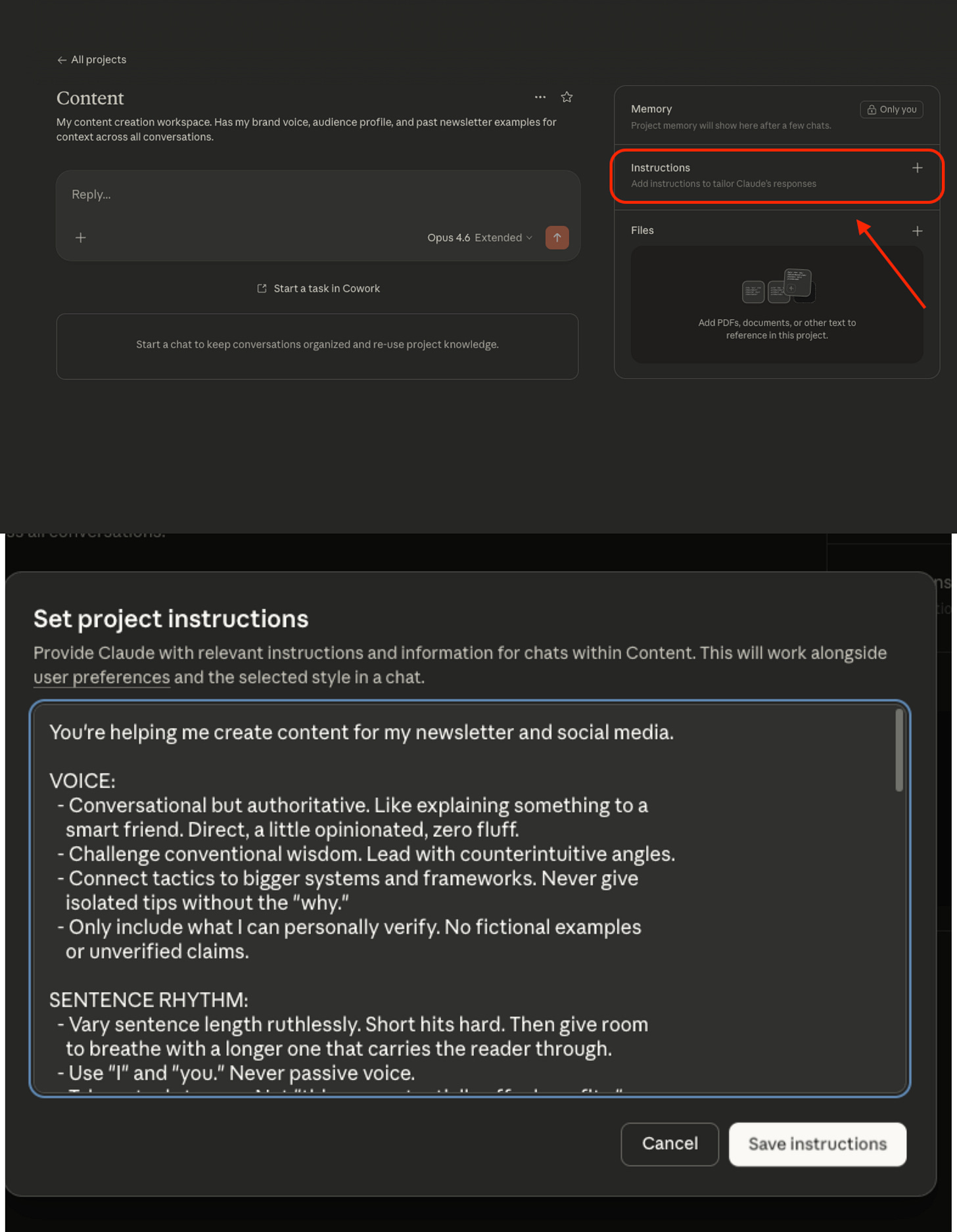 Split view — top half showing the Project with arrow pointing to Instructions, bottom half showing the actual instruction content Split view — top half showing the Project with arrow pointing to Instructions, bottom half showing the actual instruction content