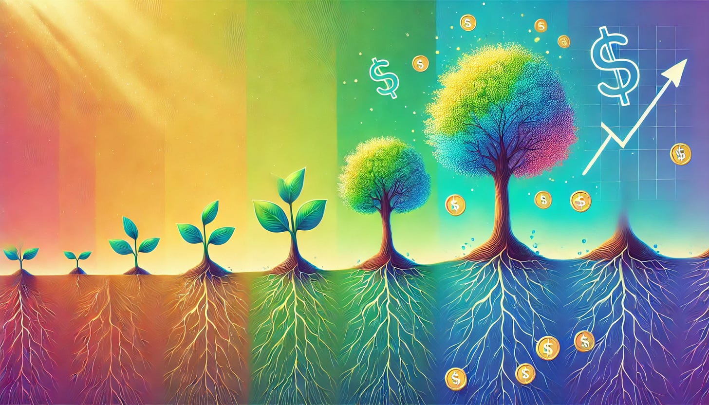 A multicolor landscape illustration of the compounding effect. The image shows a small seed growing into a large tree over time, symbolizing growth in stages. Each stage is marked with increasing levels of progress: small plants, saplings, and finally a large tree full of vibrant leaves. Coins or dollar symbols are scattered around the tree roots, representing financial growth. The background is bright, with soft gradients of green, yellow, and blue to symbolize optimism and success.