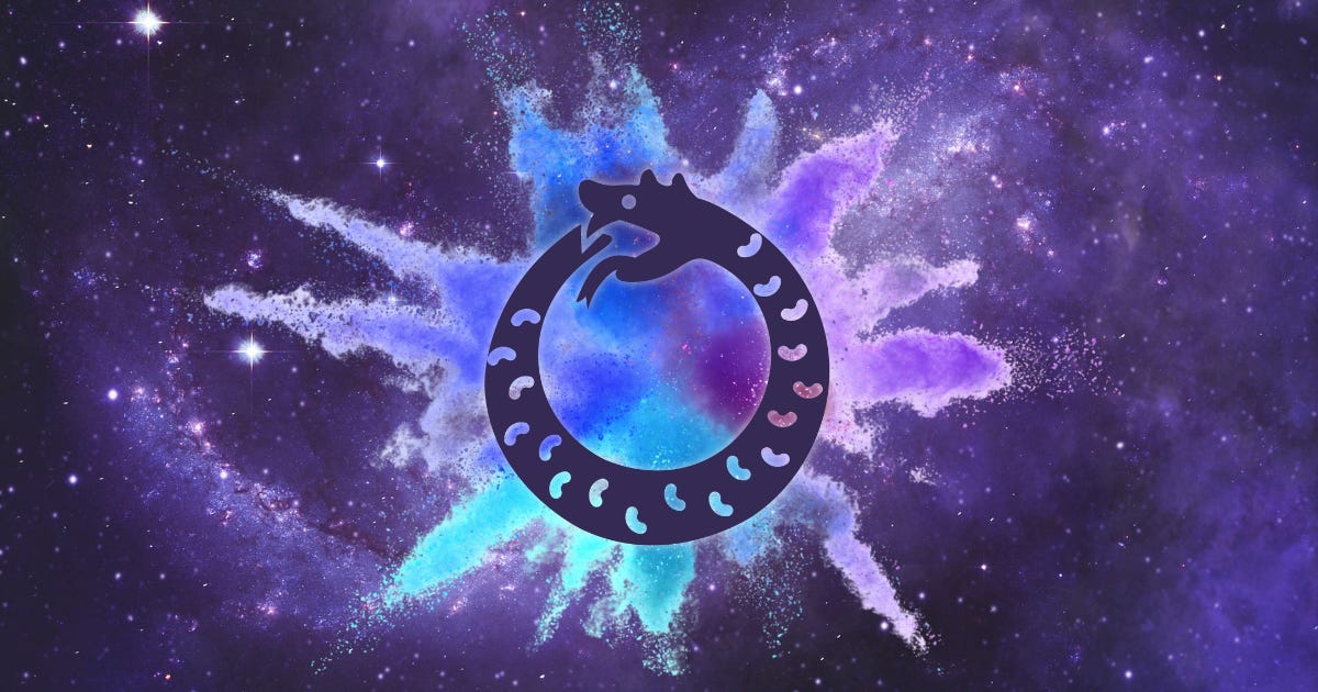 a symbolic ouroboros against a cosmic sky and stars in bloom a symbolic ouroboros against a cosmic sky and stars in bloom