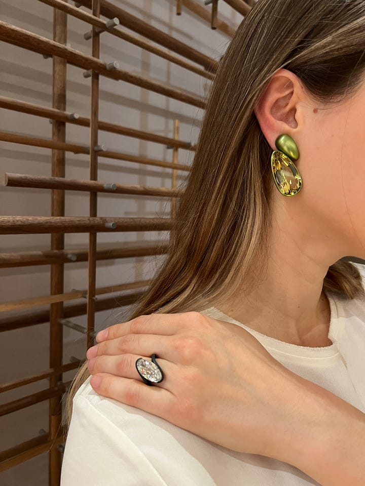 A few of Inesa's favourites from TEFAF: diamond ring by Feng J; earrings by Santi Jewels; earrings by Hemmerle; a brooch by Luz Camino; emerald ring by Forms, Inesa wears jewels by Hemmerle.