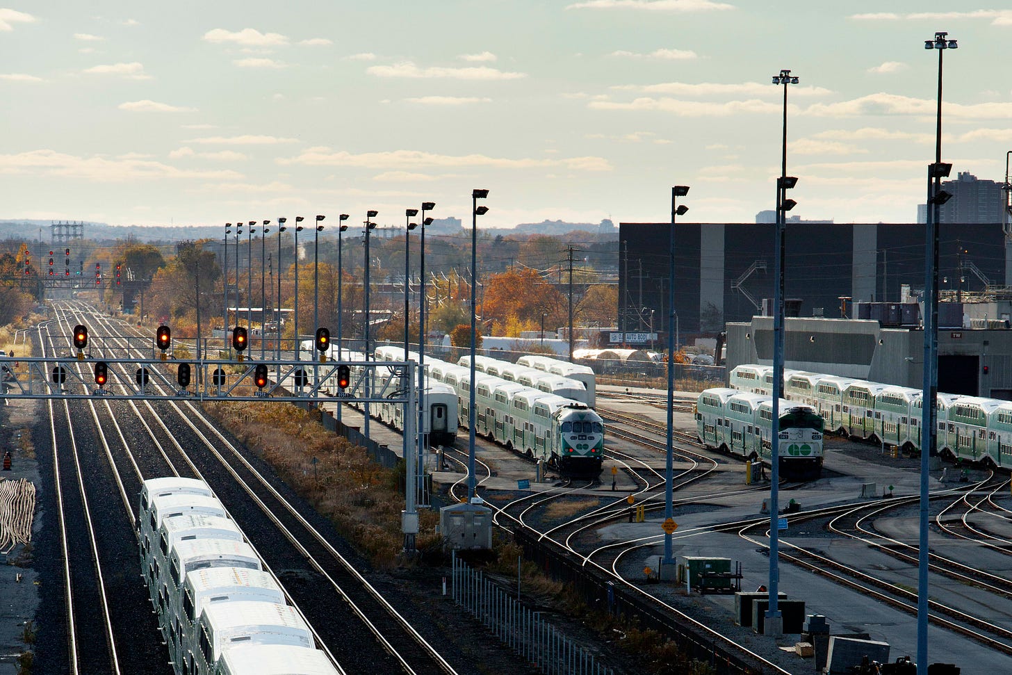 GO Trains sitting at the Whitby Rail Maintenance facility on the Lakeshore East Line GO Trains sitting at the Whitby Rail Maintenance facility on the Lakeshore East Line