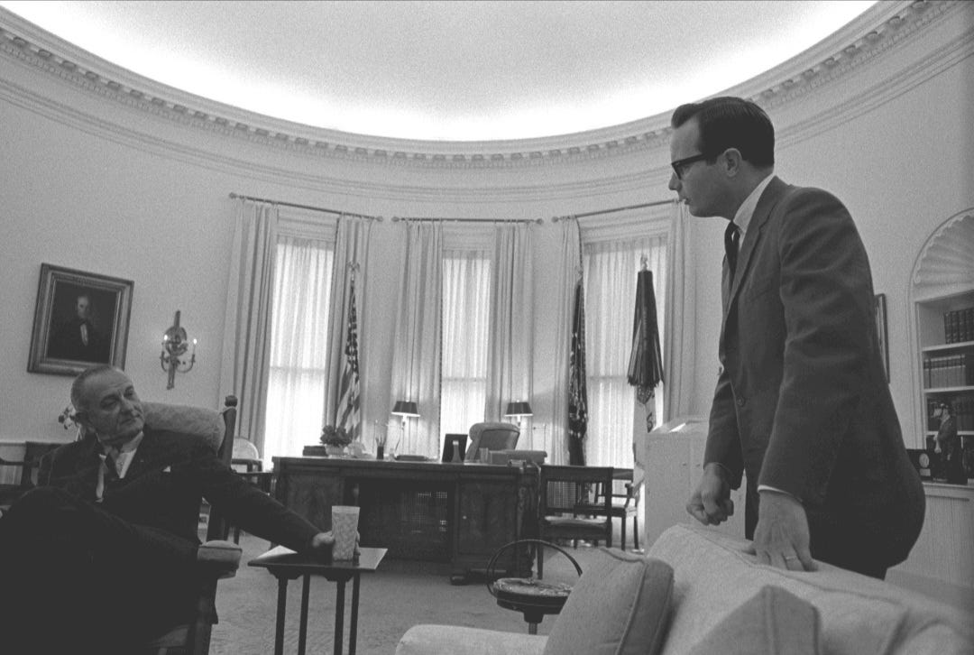 LBJ aide Bill Moyers in the oval office. File: LBJ Bill Moyers jpg, Wikimedia Commons