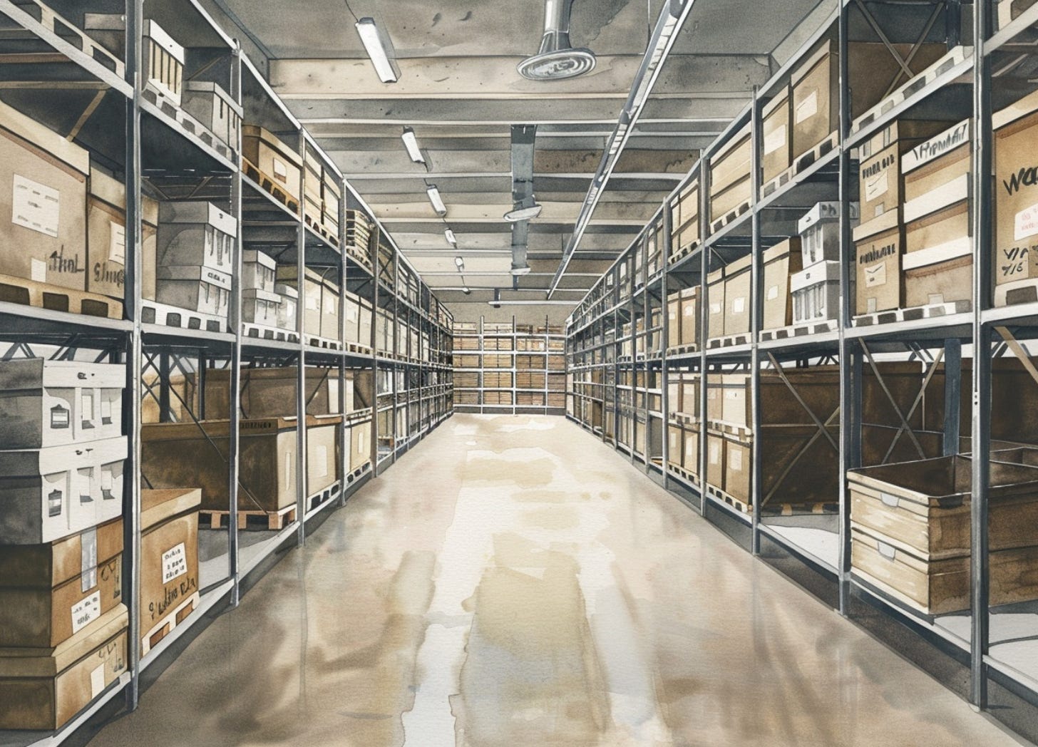 vintage watercolor illustration of a large corporate storage archive with long rows of labeled crates and shelving, rendered in a restrained 1960s training-manual style