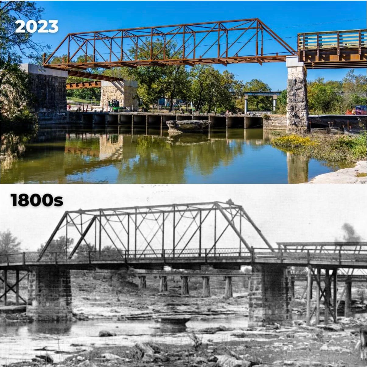 Photos showing a new pedestrian bridge over a creek next to a photo of train bridge over the same creek in the 1800s. 
