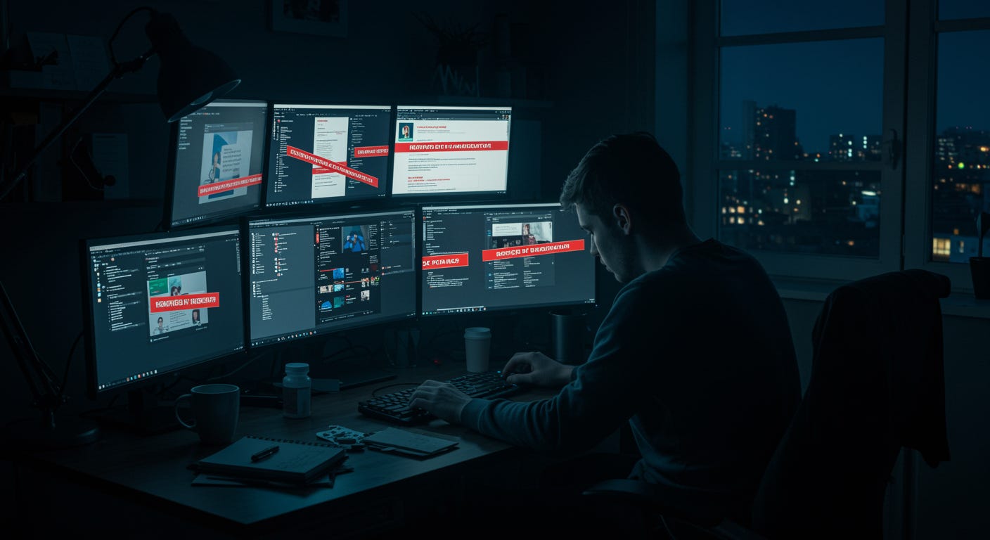 Person at computer late at night surrounded by multiple screens showing conflicting information sources, some marked as removed or flagged by content moderators Person at computer late at night surrounded by multiple screens showing conflicting information sources, some marked as removed or flagged by content moderators