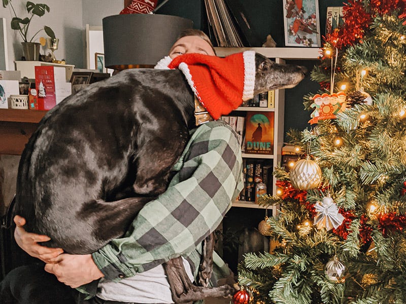 Craig carrying Harmony by the Christmas tree.