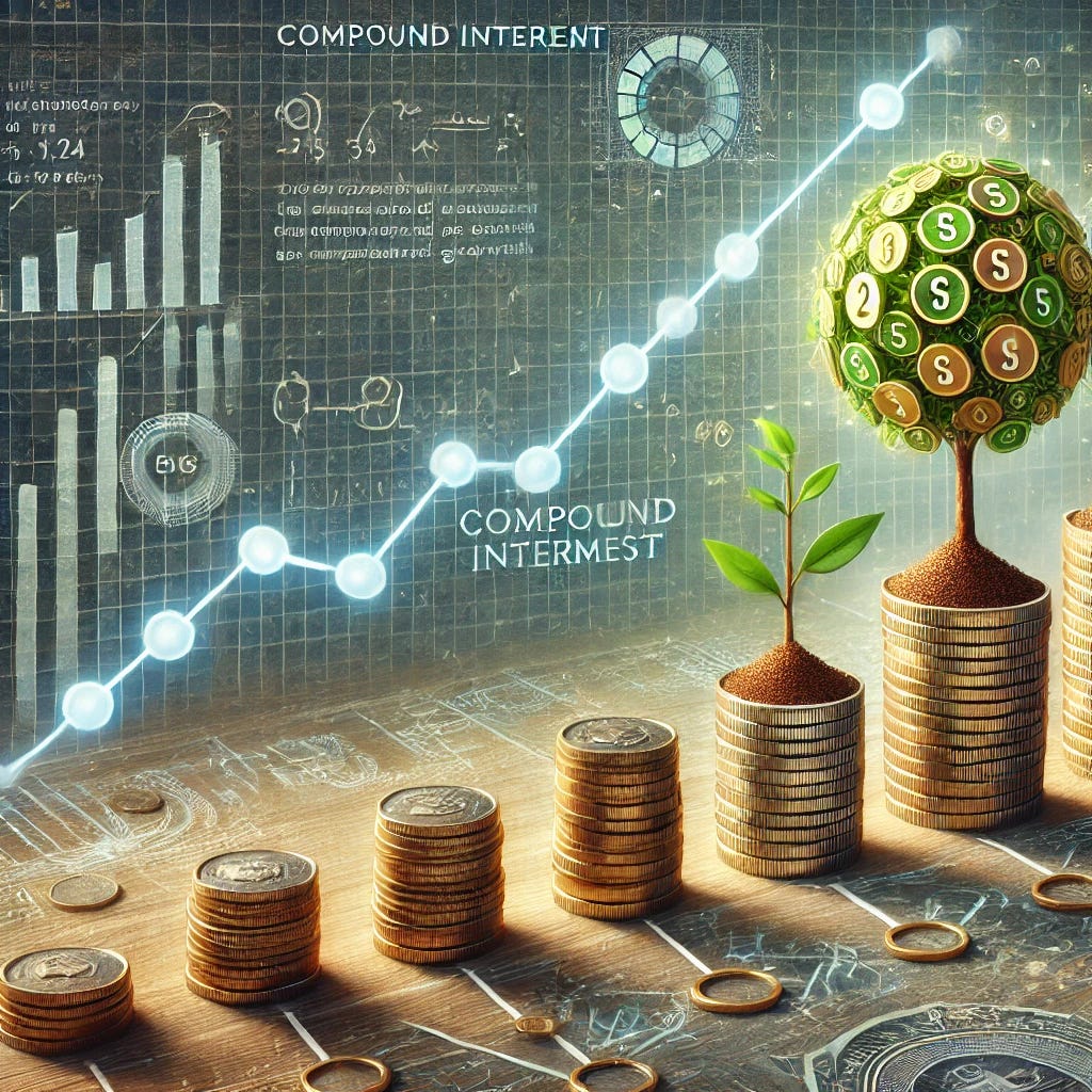 A high-quality, professional illustration explaining compound interest with an emphasis on growth over time. The image features a timeline starting with a small investment (a single coin or small plant) that grows exponentially into a large stack of coins or a fully grown tree as it progresses. The background includes subtle math elements like the formula for compound interest and a line graph showing exponential growth. Use a color palette of greens, blues, and gold to convey a sense of stability, financial growth, and the power of compounding over time.