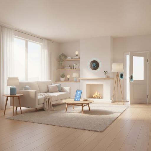 A living room with Internet of Things devices in various spots.