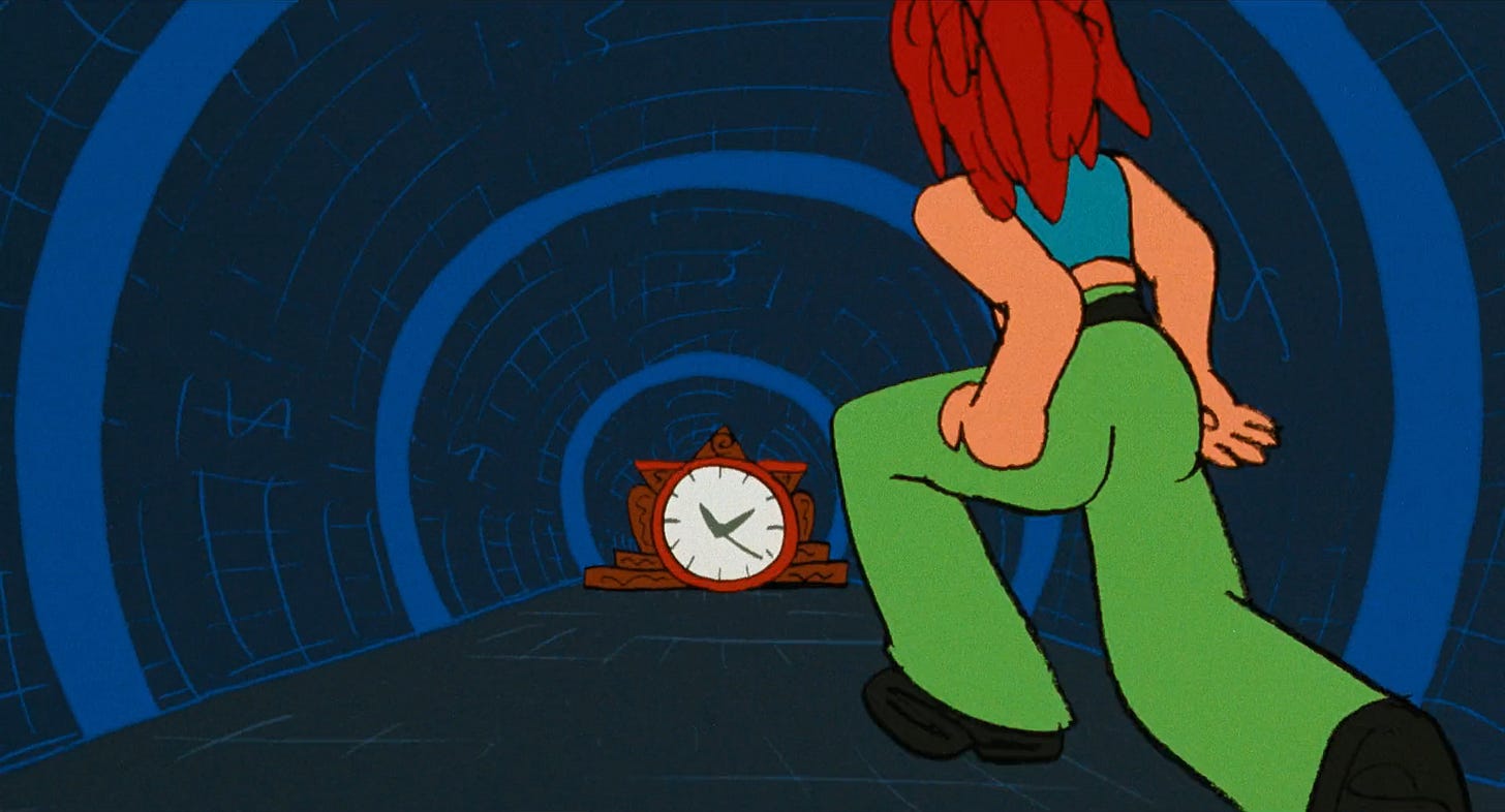 back of animated red haired Lola running down a blue black tunnel towards a clock back of animated red haired Lola running down a blue black tunnel towards a clock