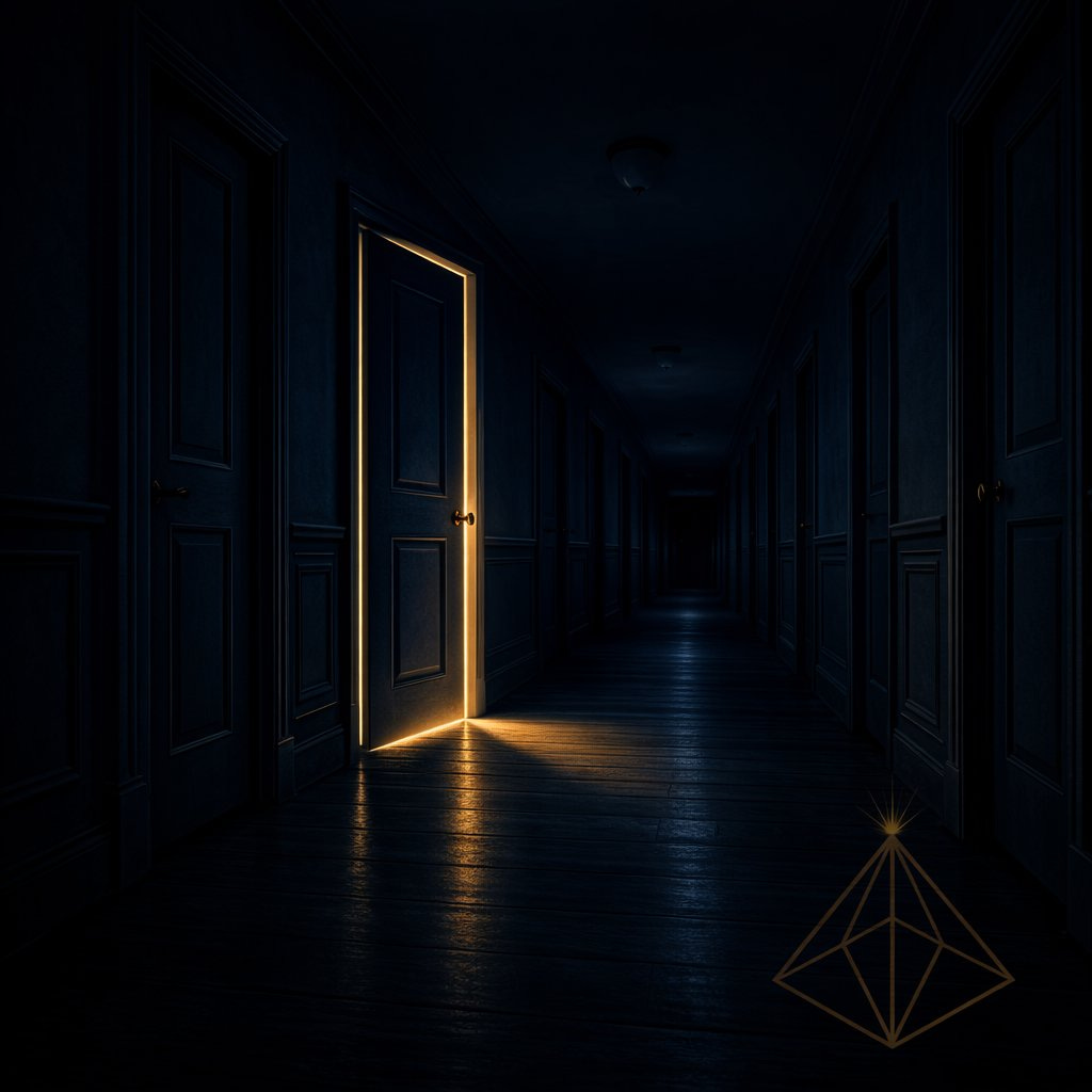 The Visible Practitioner Spot-Check March 2026. A dark hallway of closed doors representing independent trauma therapists who exist but do not appear in AI search results.