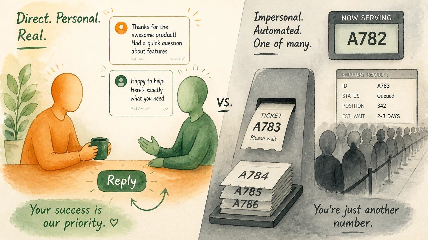 A founder replying directly to a customer's message in a warm two-person exchange, contrasted with a faceless numbered ticket queue, illustrating open-source Chatwoot's founder-led support versus an enterprise help desk.