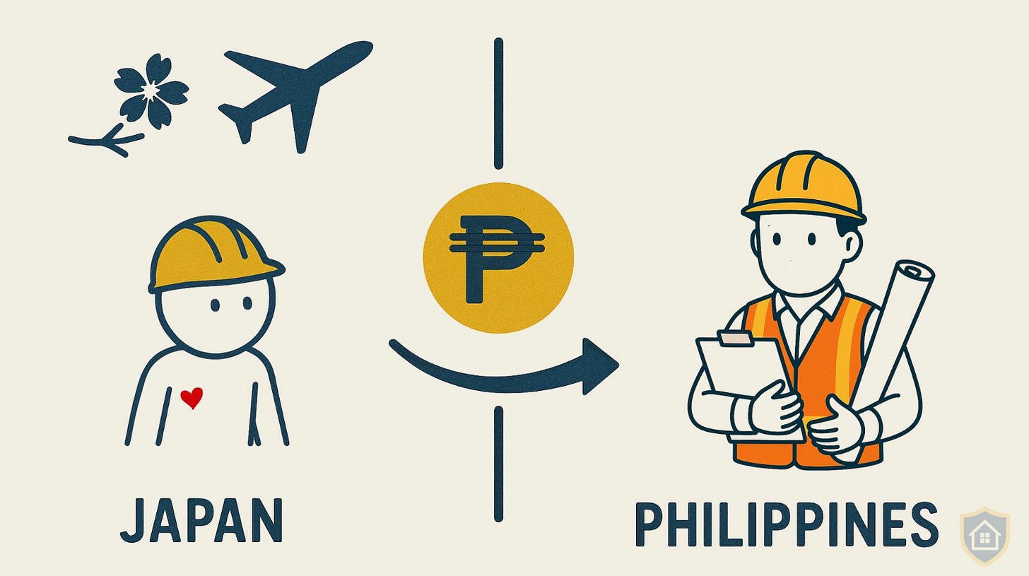 Illustration showing OFW homeowner in Japan with cherry blossom and airplane symbols sending money (peso sign) across distance to construction worker with blueprints in the Philippines, demonstrating the vulnerability of managing construction projects from abroad