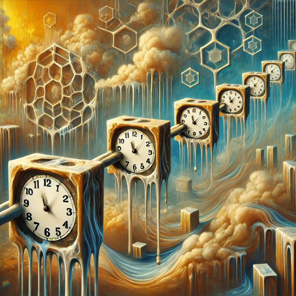A surreal artistic representation of a timechain inspired by Bitcoin, featuring interconnected blocks forming a blockchain, with melting clocks draped over the chain in the style of a surrealist painting. The clocks symbolize the passage and fluidity of time, while the blocks remain solid and immutable. The background is a dreamlike landscape with soft, abstract shapes and ethereal lighting, blending elements of technology and timeless surrealism. The colors are rich and vibrant, with shades of gold, blue, and earthy tones creating a striking contrast.