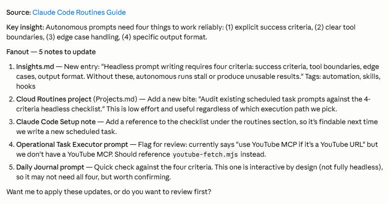 Claude Code chat showing the fanout process after extracting learnings from the Claude Routines Guide. Five specific vault updates are proposed: a new Insights.md entry on headless prompt criteria, a new project bite for Cloud Routines, a reference added to the Claude Code Setup note, a flag to update the Operational Task Executor prompt, and a quick audit of the Daily Journal prompt. Claude Code chat showing the fanout process after extracting learnings from the Claude Routines Guide. Five specific vault updates are proposed: a new Insights.md entry on headless prompt criteria, a new project bite for Cloud Routines, a reference added to the Claude Code Setup note, a flag to update the Operational Task Executor prompt, and a quick audit of the Daily Journal prompt.