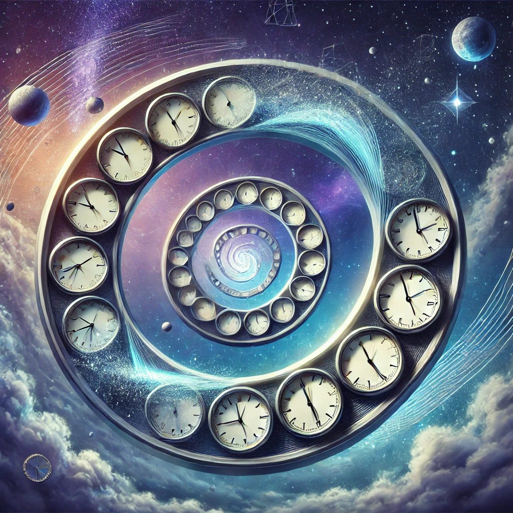 A conceptual, artistic representation of the idea 'time is a flat circle.' The image features an infinite loop or circular shape, like a Möbius strip, with clocks and timepieces embedded along its surface. The background is abstract, with cosmic elements like stars and galaxies, suggesting the endless, cyclical nature of time. The overall color scheme includes deep blues, purples, and silvers to evoke a sense of mystery and infinity. A conceptual, artistic representation of the idea 'time is a flat circle.' The image features an infinite loop or circular shape, like a Möbius strip, with clocks and timepieces embedded along its surface. The background is abstract, with cosmic elements like stars and galaxies, suggesting the endless, cyclical nature of time. The overall color scheme includes deep blues, purples, and silvers to evoke a sense of mystery and infinity.