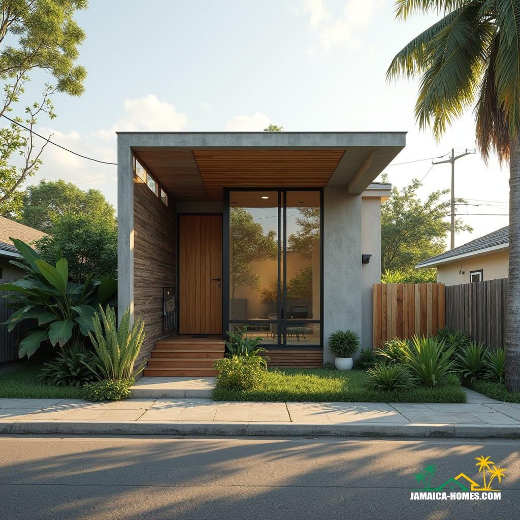 Kingston Minimalist Micro Home
Design: Single 20-ft module with front timber pergola and small patio.
Materials: Concrete, steel, glass, timber for outdoor area.
Features: Rainwater harvesting, solar panels, thin vertical windows, ventilated roof.
Environment: Small urban lot, paved streets, tropical sunlight.
Style Notes: Compact, ultra-modern, sustainable, cozy but stylish.