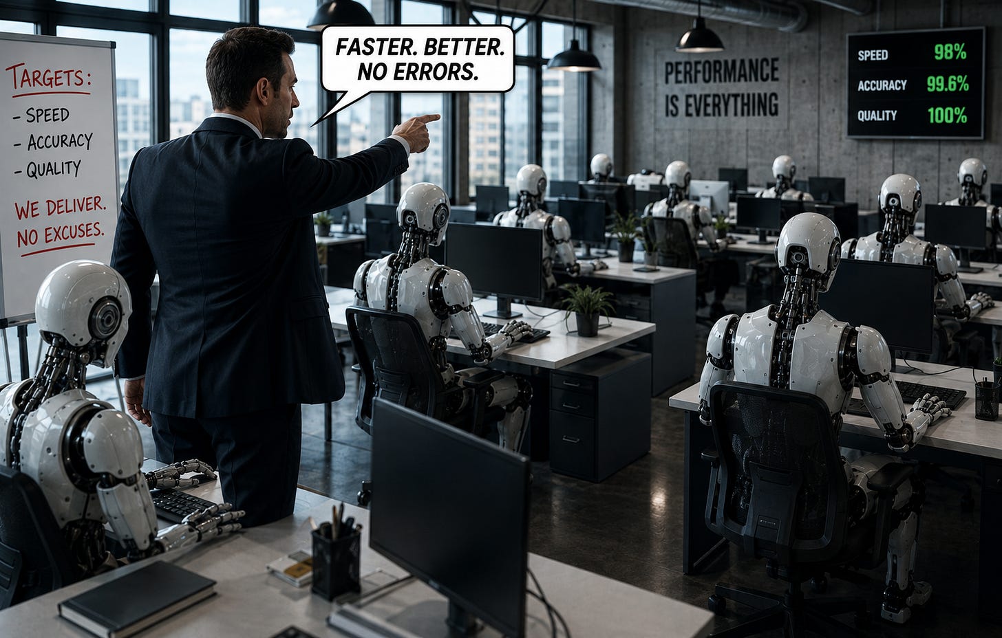 A manager commands rows of humanoid robots working at computers to perform faster and better. A manager commands rows of humanoid robots working at computers to perform faster and better.
