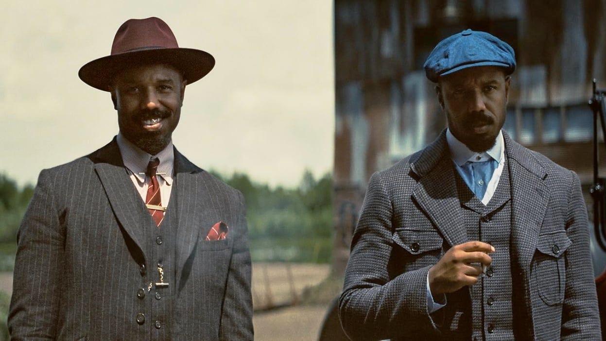 michael b. jordan seen playing two characters in 'sinners' movie still