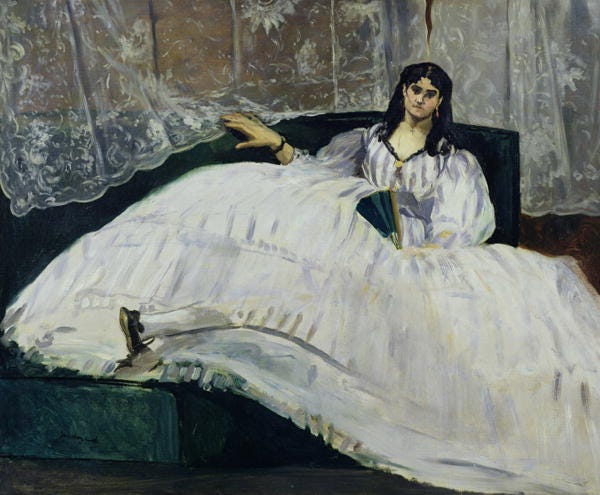 An oil painting woman sitting with a white dress that is splayed out over most of the canvas.