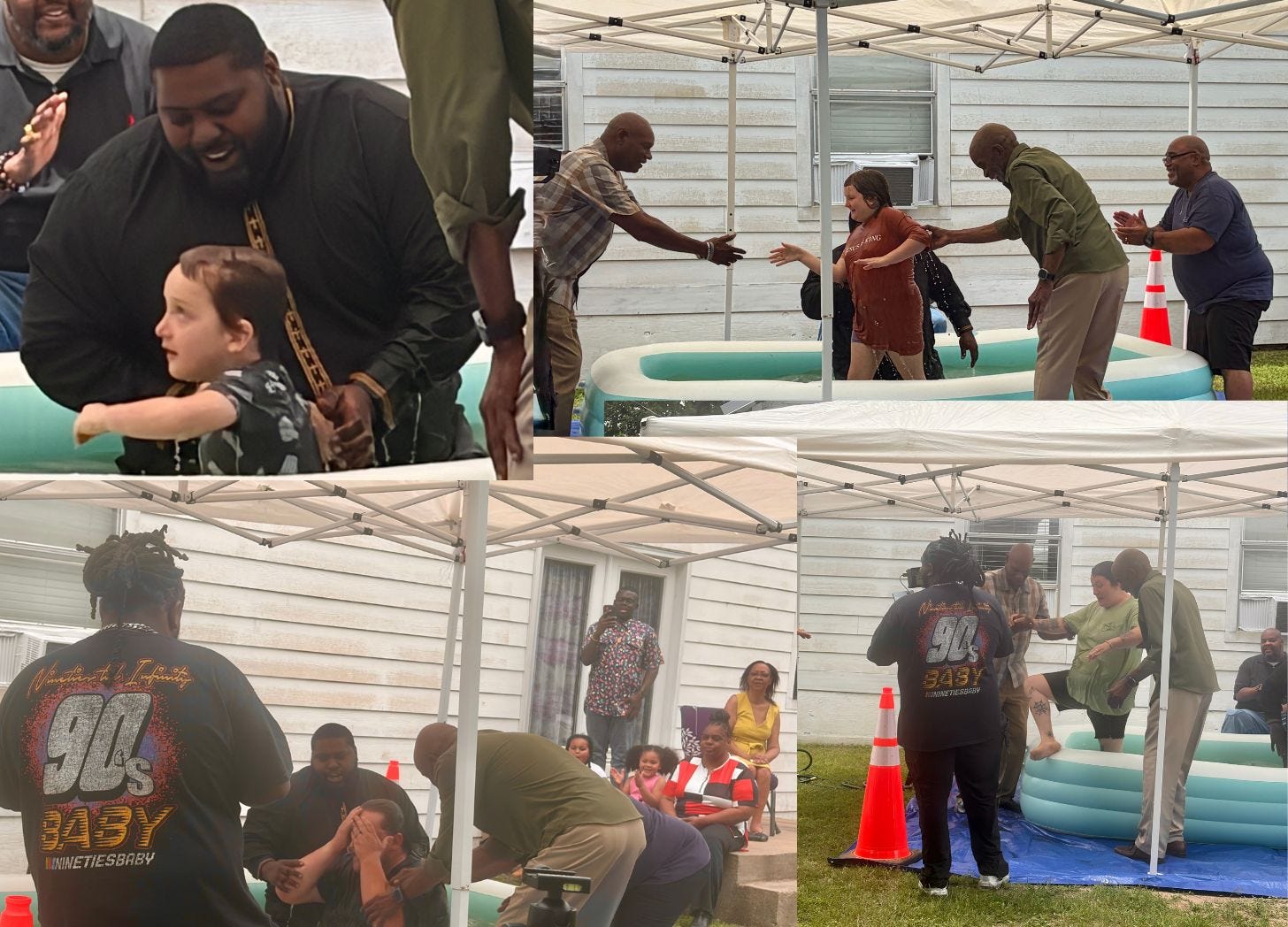 Collage of baptism photos from an outdoor church service showing children and adults being baptized in small portable pools while family, friends, and church members celebrate and pray nearby under pop-up canopies.