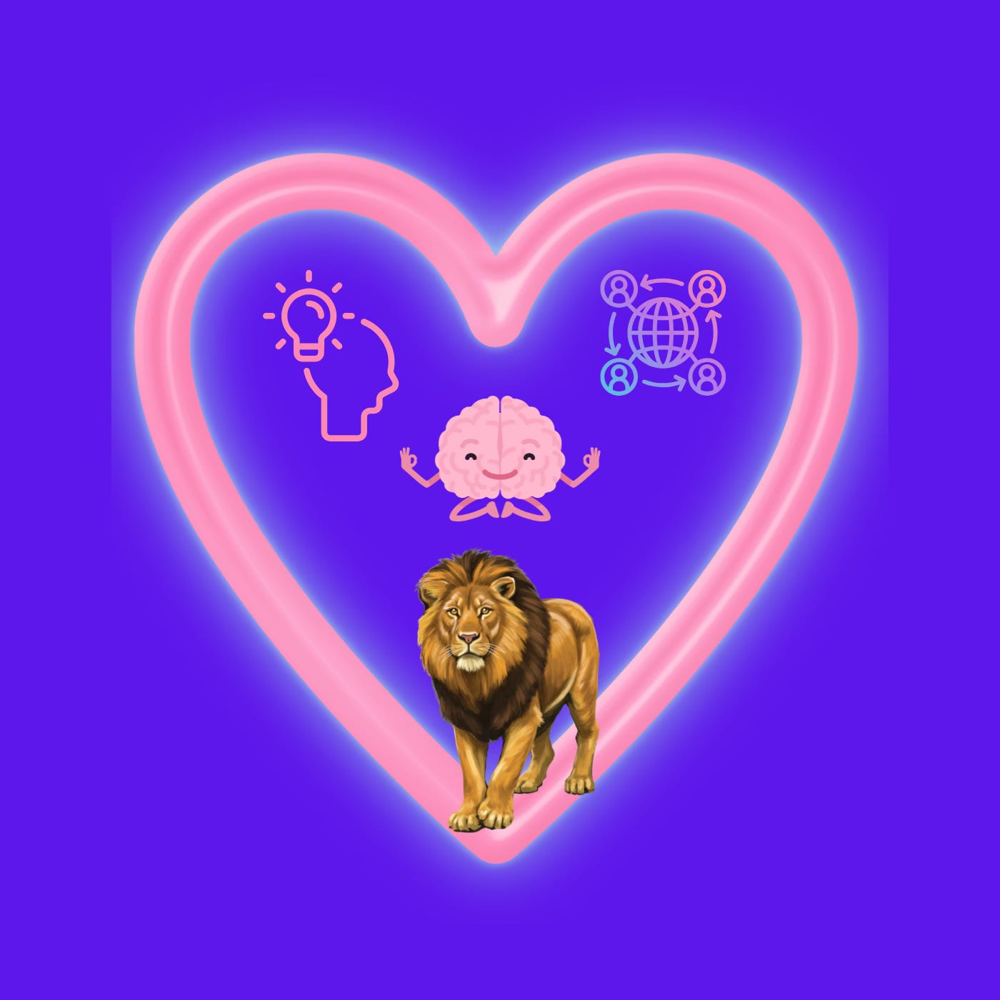pink heart outline on purple background with graphics of lightbulb, brain, people, and lion representing clarity, calmness, connection, and courage